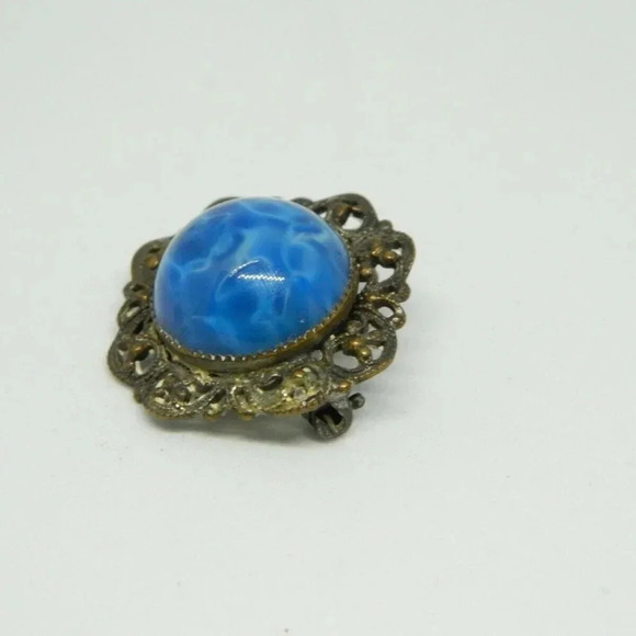 Vintage Satin Glass Brooch Blue Swirl Early Clasp - Picture 3 of 4